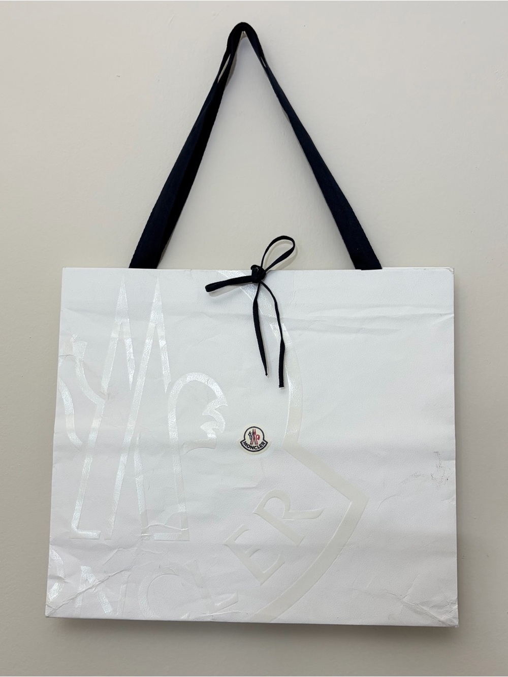Moncler White Tote Bag with Black Ribbon Handles 19”x 16.5” x 6.75”